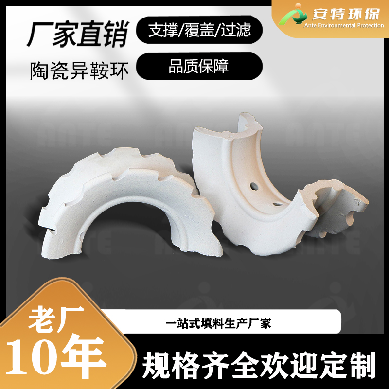 精馏塔陶瓷异鞍环 50mm耐酸碱陶散堆填料 带齿马鞍环 安特环保