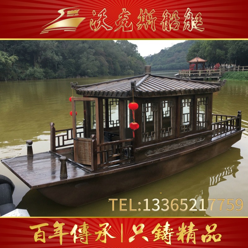出售景区仿古做旧木船 封闭式小画舫船