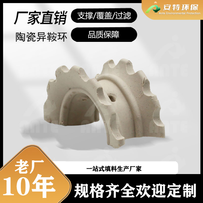 安特环保陶瓷异鞍环 耐酸碱马鞍环散堆填料 76mm冷却塔支撑覆盖用
