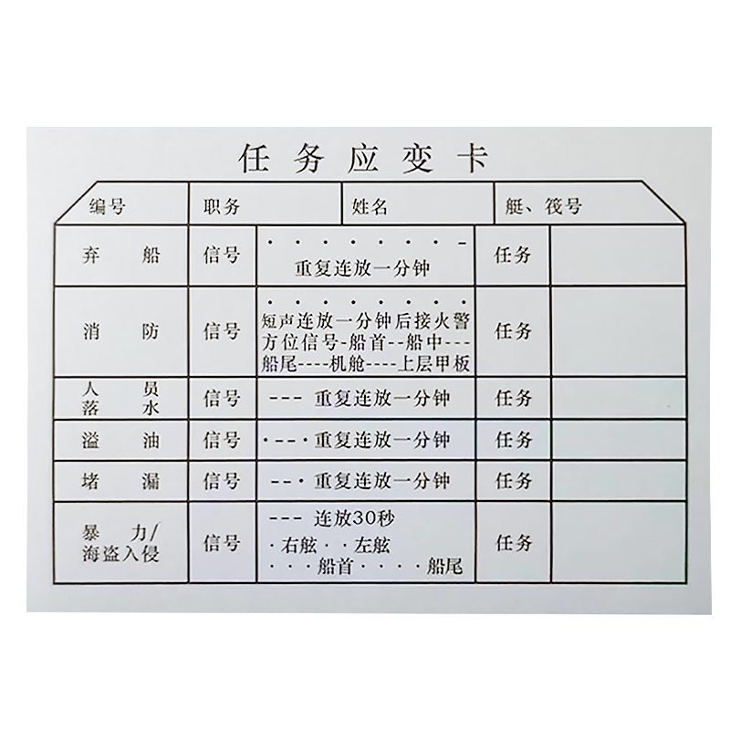 任务应变卡 船员床头卡 船用卡片  溢油应变卡 应急卡 100张/套