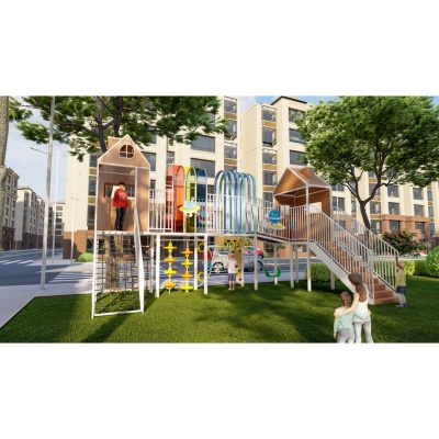 户外大型木质廊架组合幼儿园小区不锈钢滑梯可定制无动力游乐设备