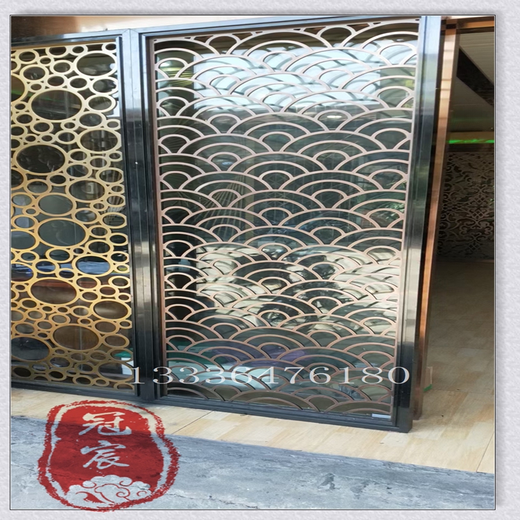 冠宸 新中式不锈钢屏风 304镂空花格金属玄关 酒店电镀隔断来图定做