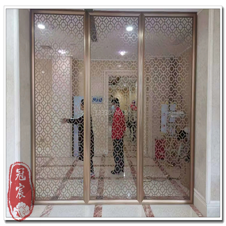 青海售楼部黄古铜不锈钢屏风新中式金属隔断艺术不锈钢屏风厂家